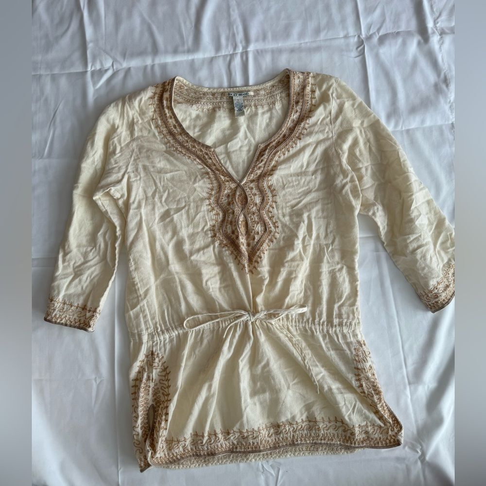 Lucky Brand Top Boho Cream Metallic Gold Embroidered Women's size Small